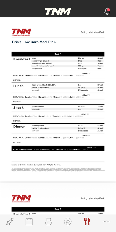 App screenshot showing meal planning