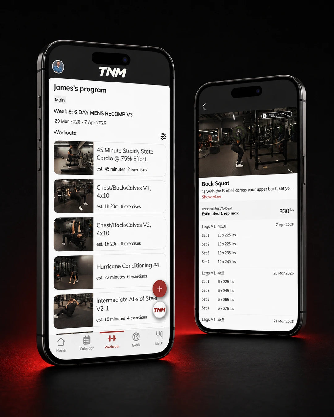 TNM Core app structured workout screen