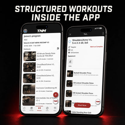 TNM Core structured workouts screen inside the fitness app