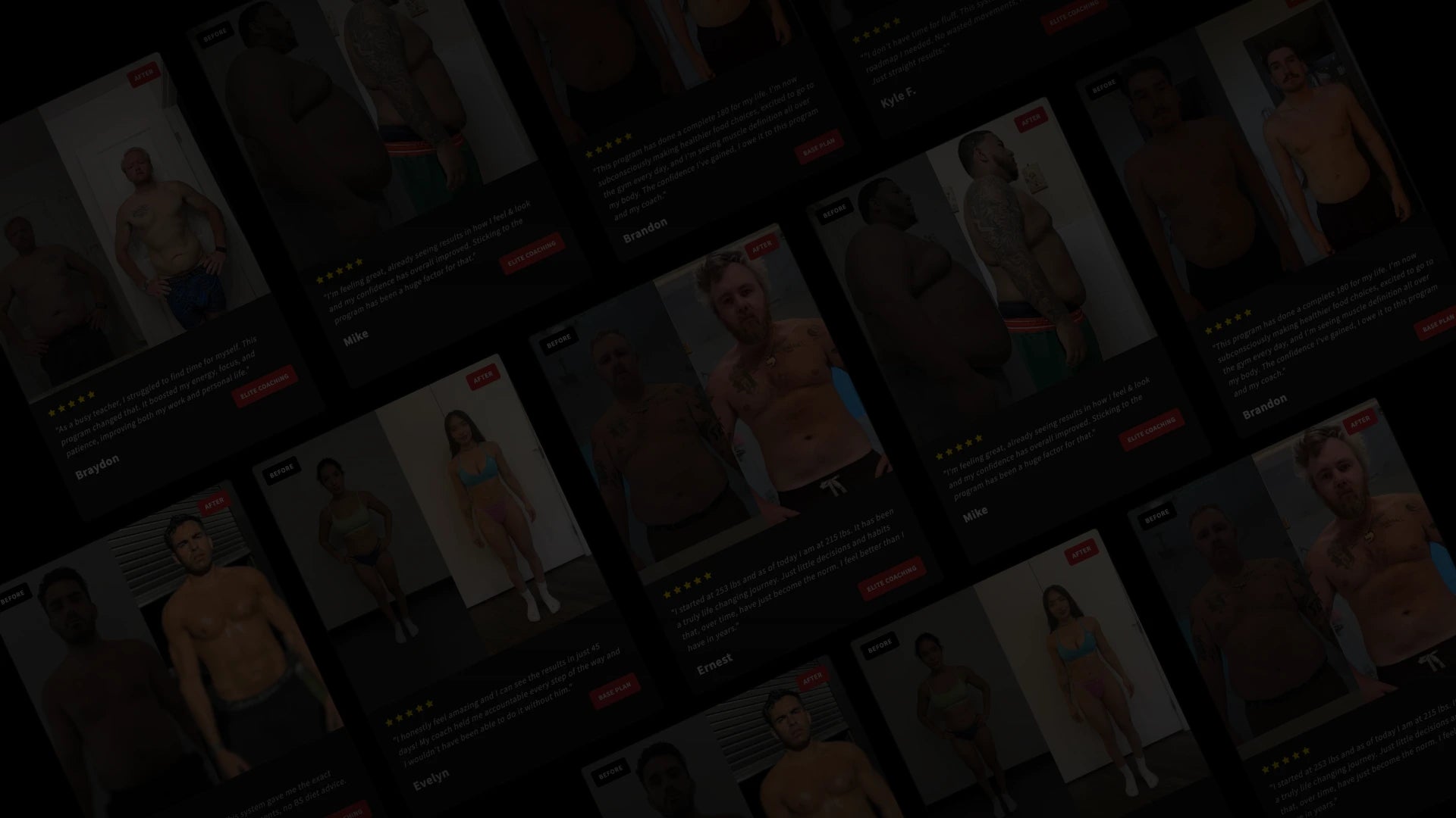 A collage of TNM Lifestyle client before and after fitness transformations featuring 5-star reviews and success stories.