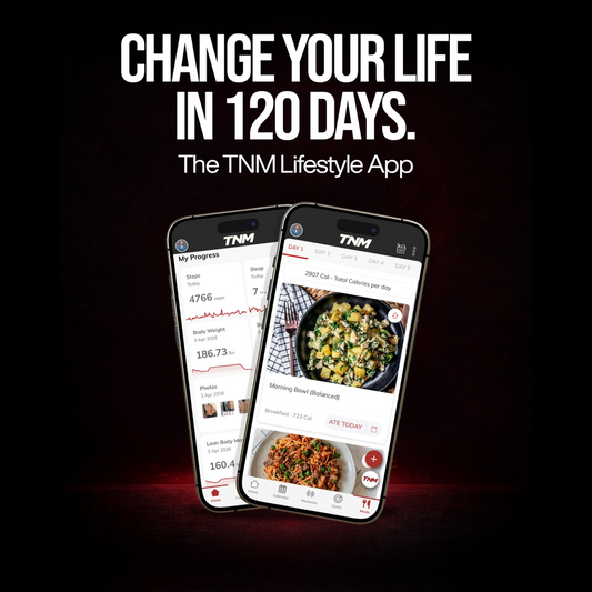 Two smartphones displaying the TNM Lifestyle App with text 'Change Your Life in 120 Days' on a dark background.