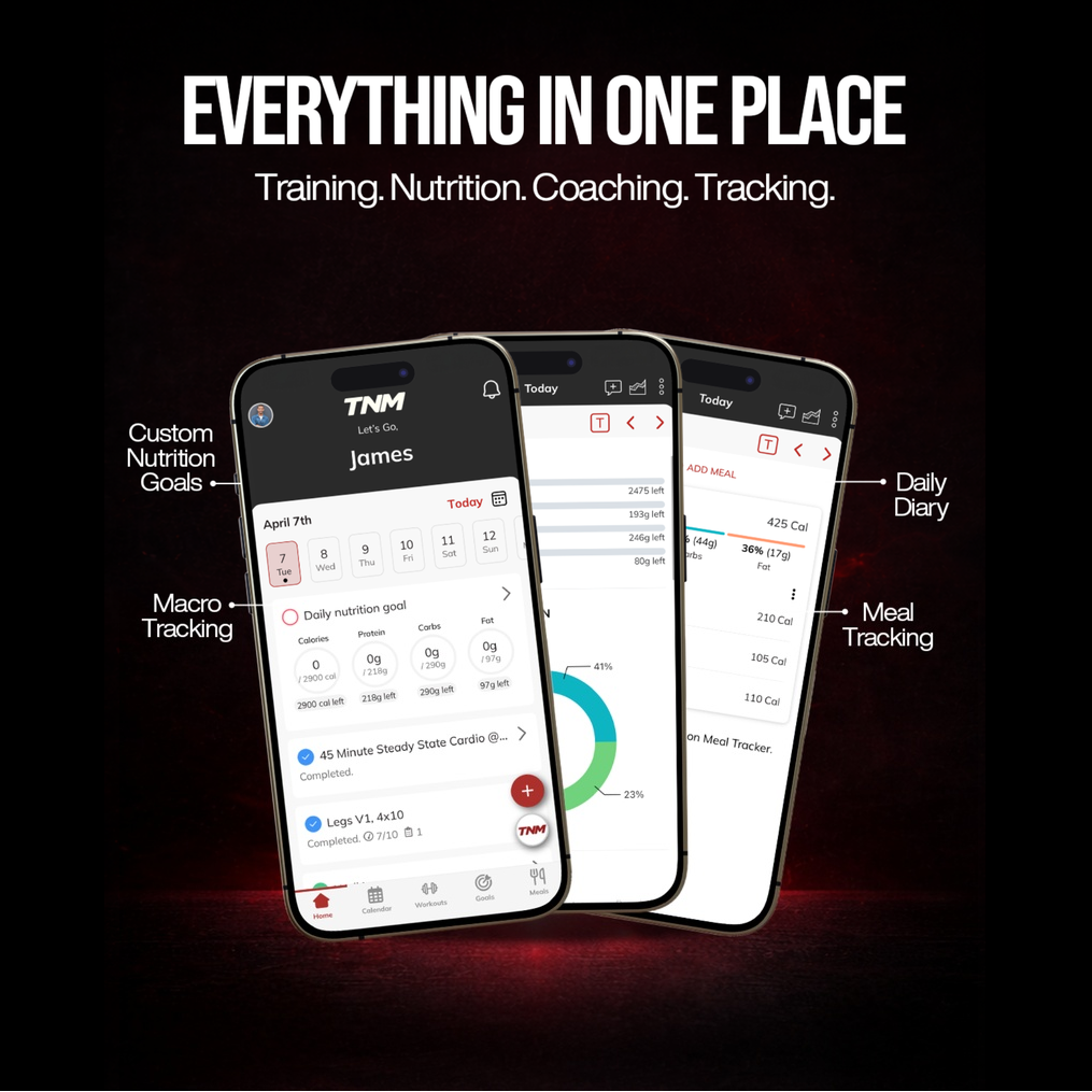 Three smartphones displaying a fitness and nutrition tracking app with features highlighted.