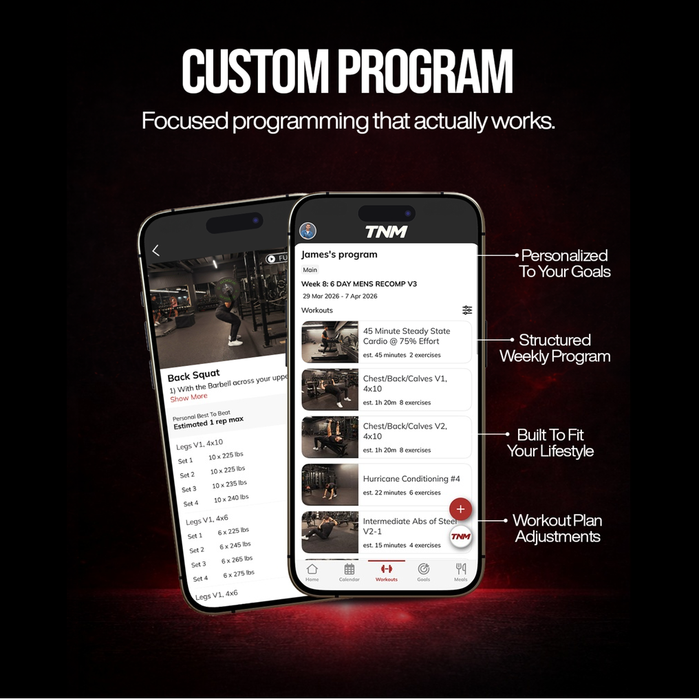 Two smartphones displaying a fitness app with TNM branding on a dark background.