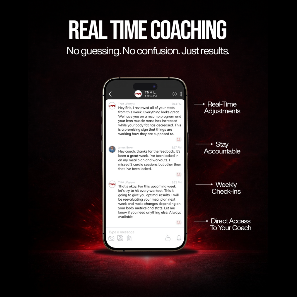 Phone screen displaying a coaching app with text about real-time coaching on a dark background.
