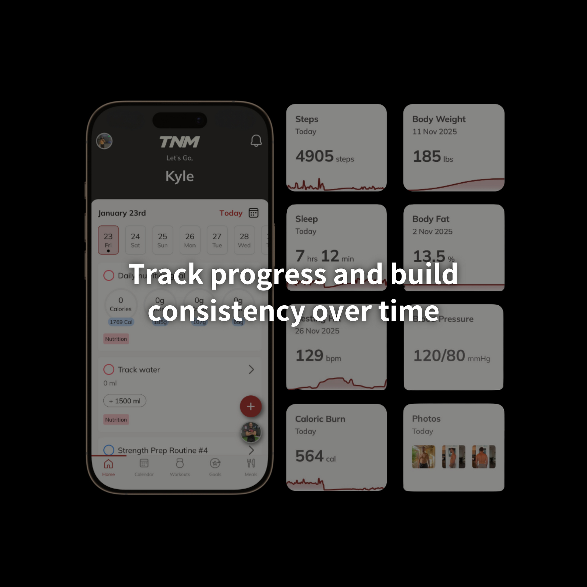 TNM fitness app displaying progress tracking metrics including workouts, body weight, activity, and health data over time.