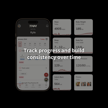 TNM fitness app displaying progress tracking metrics including workouts, body weight, activity, and health data over time.