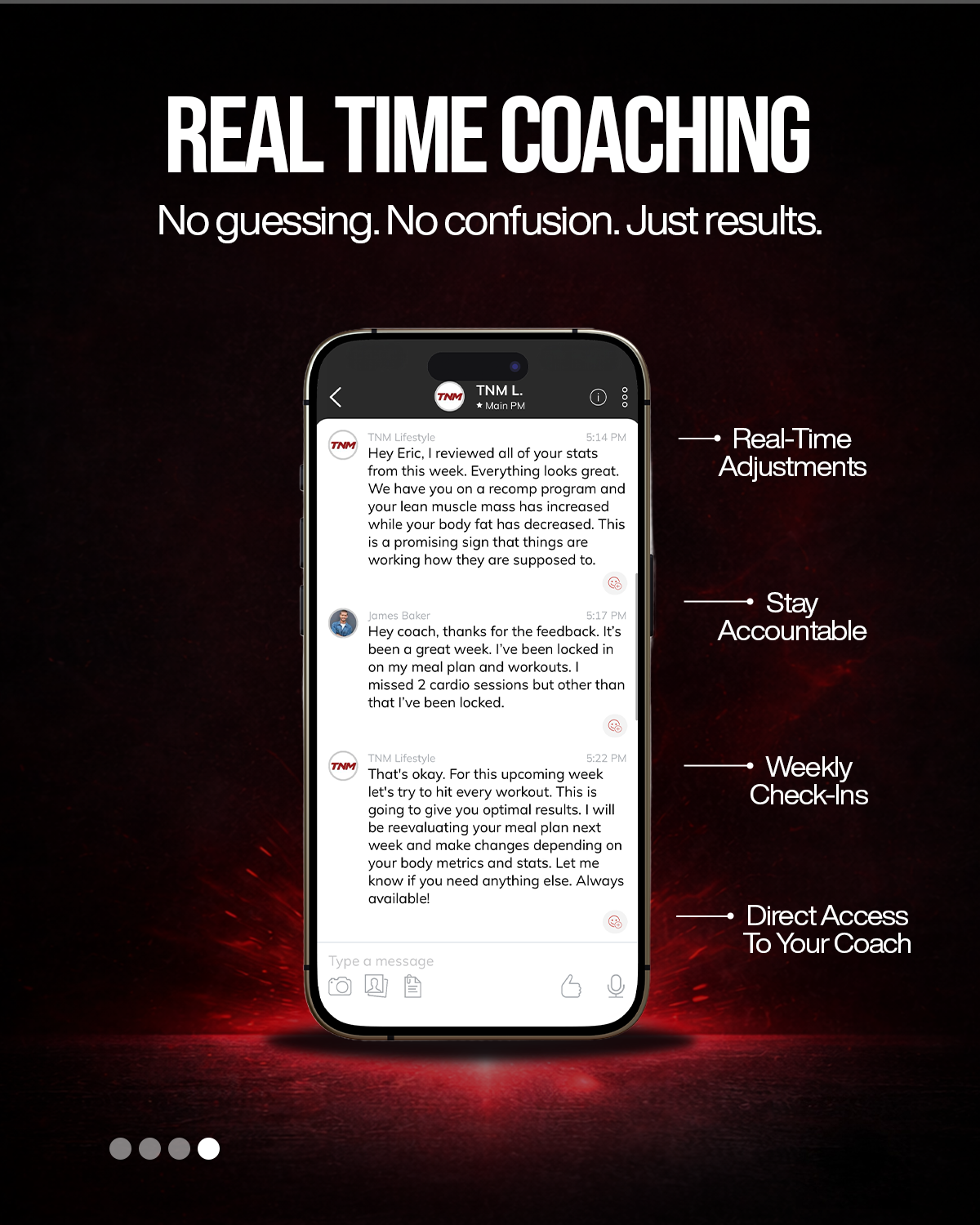 Phone screen displaying a coaching app with text about real-time coaching on a dark background.