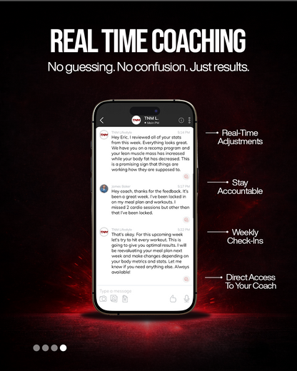 Phone screen displaying a coaching app with text about real-time coaching on a dark background.