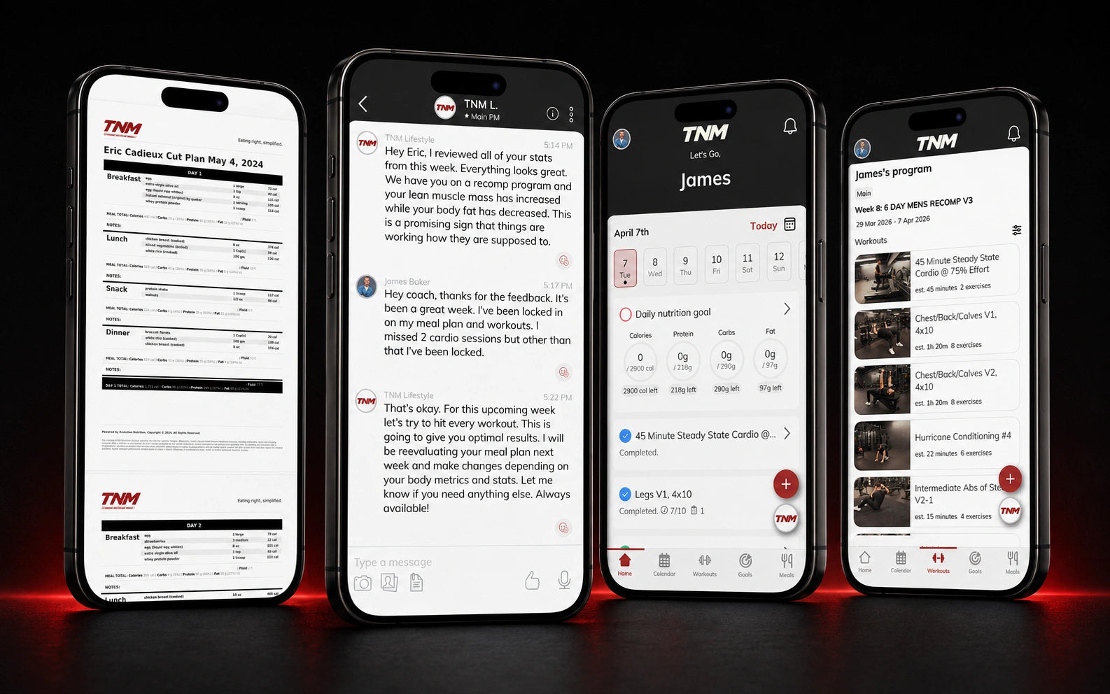 TNM Coaching app support showing coach feedback weekly check-ins and plan adjustments