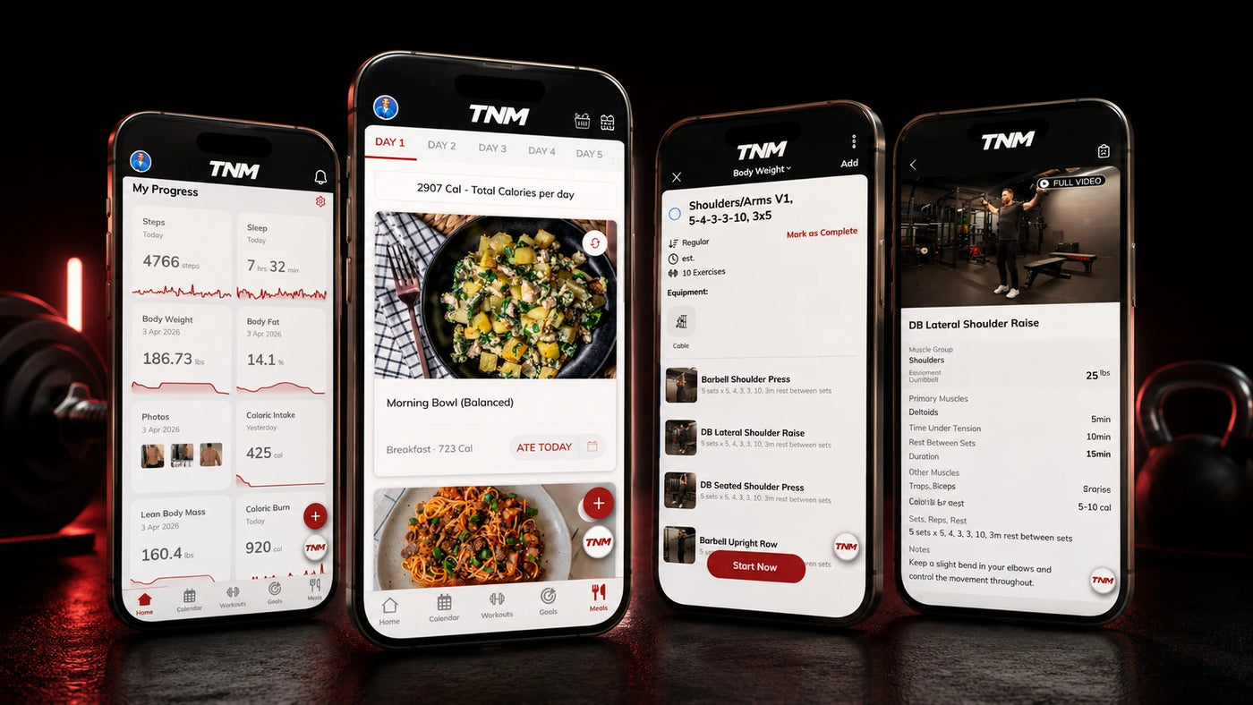 TNM Core app showing connected training nutrition and progress tracking