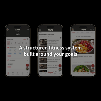 TNM fitness app showing a structured workout program and progress overview on a smartphone