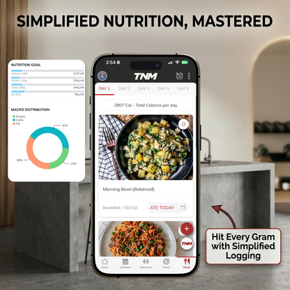 An iPhone displaying the TNM 'SIMPLIFIED NUTRITION, MASTERED' app on a modern kitchen counter. An open macro logging menu on the left shows total calorie goals, actual intake, and a detailed protein, carb, fat pie chart. The main phone screen displays a meal plan with high-resolution food photos and 'ATE TODAY' buttons. A callout arrow points to 'Hit Every Gram with Simplified Logging'.