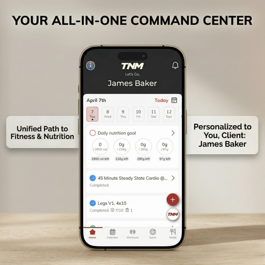 An iPhone displaying the TNM fitness and nutrition app 'Command Center' dashboard on a wooden table. The headline reads 'YOUR ALL-IN-ONE COMMAND CENTER'. The screen is personalized for user 'James Baker' for 'April 7th, Today', showing daily nutrition goals and a list of fitness tasks like '45 Minute Steady State Cardio' and 'Legs V1'. Side callout pills highlight 'Unified Path to Fitness & Nutrition' and 'Personalized to You, Client: James Baker'.