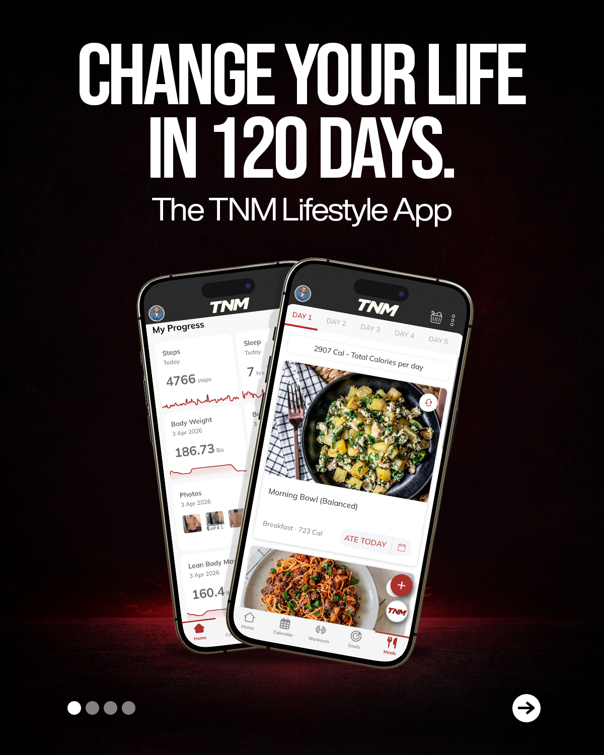 Two smartphones displaying the TNM Lifestyle App with text 'Change Your Life in 120 Days' on a dark background.