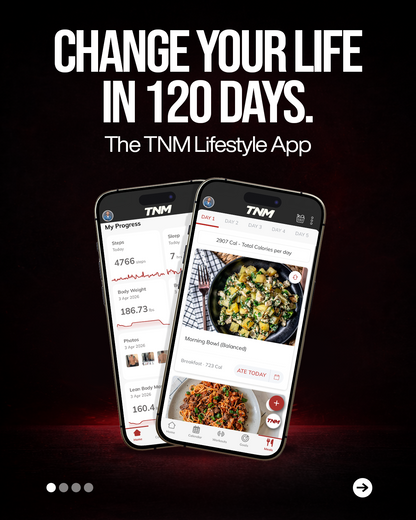 Two smartphones displaying the TNM Lifestyle App with text 'Change Your Life in 120 Days' on a dark background.