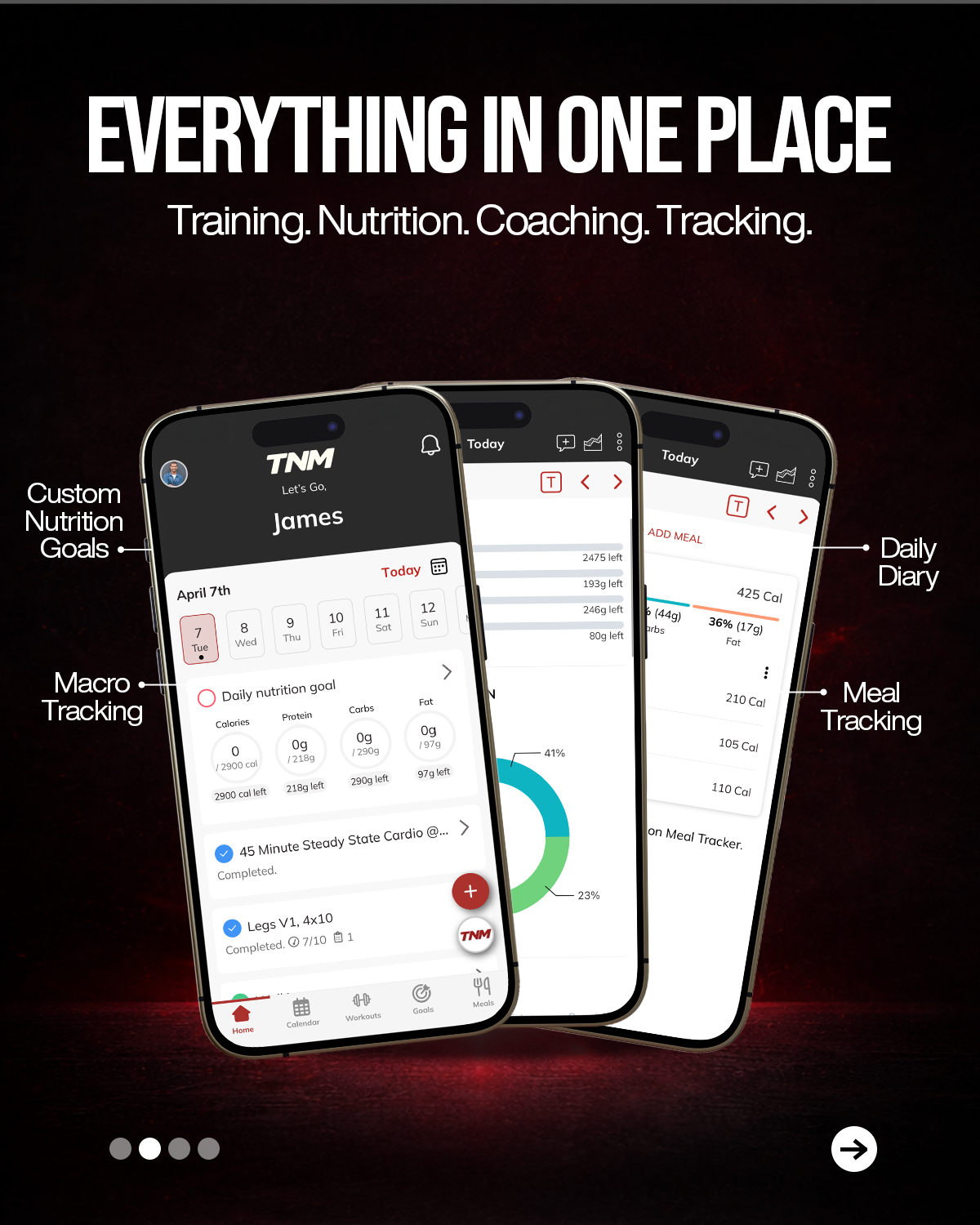Three smartphones displaying a fitness and nutrition tracking app with features like training, nutrition, coaching, and tracking.