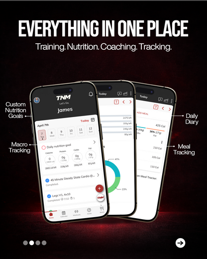 Three smartphones displaying a fitness and nutrition tracking app with features like training, nutrition, coaching, and tracking.